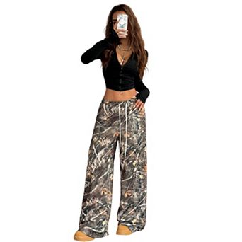 Women's Camo Cargo Baggy Pants Y2K Streetwear Drawstring Wide Leg Trousers Flare Sweatpants