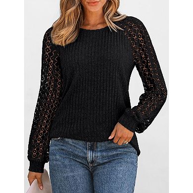 Women Casual Crew Neck Top Hollow Out Long Sleeve Shirt