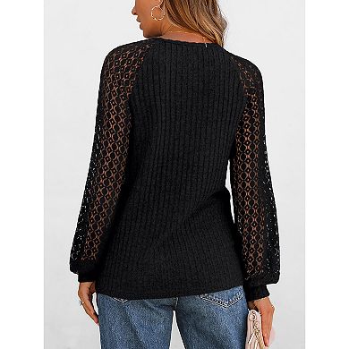 Women Casual Crew Neck Top Hollow Out Long Sleeve Shirt
