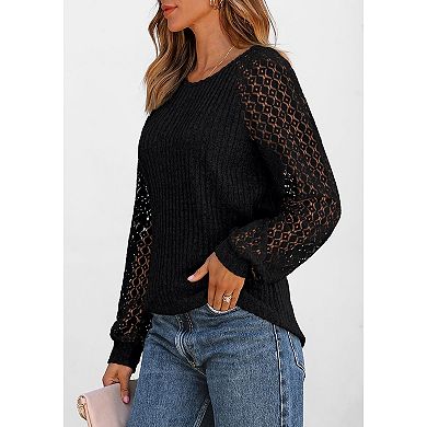 Women Casual Crew Neck Top Hollow Out Long Sleeve Shirt