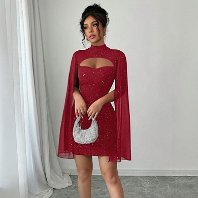 Women's Sequin Cloak Sleeve Mock Neck Cocktail Long Flowy Sleeves Dress