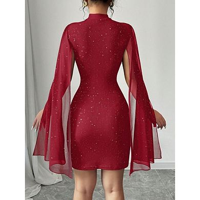 Women's Sequin Cloak Sleeve Mock Neck Cocktail Long Flowy Sleeves Dress