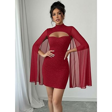 Women's Sequin Cloak Sleeve Mock Neck Cocktail Long Flowy Sleeves Dress
