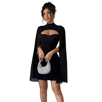 Women's Sequin Cloak Sleeve Mock Neck Cocktail Long Flowy Sleeves Dress