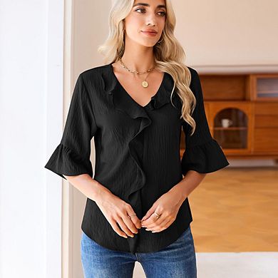 Women Casual Blouses 3/4 Sleeve V Neck Ruffle Tops Business Ladies ...