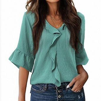Women Casual Blouses 3/4 Sleeve V Neck Ruffle Tops Business Ladies Summer Trendy Fashion Work Shirt