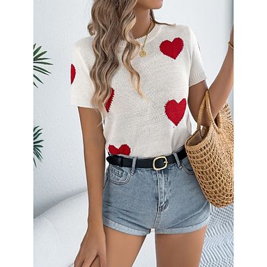 Women's Heart Short Sleeve Sweater Summer Lightweight Casual Knit Tops