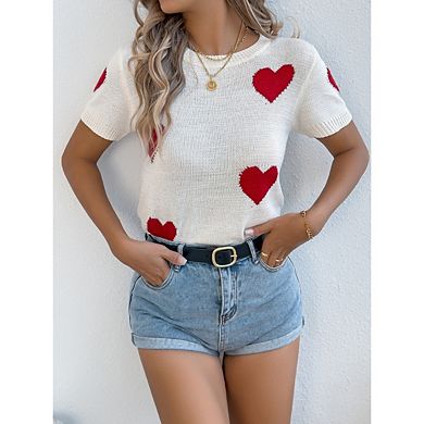 Women's Heart Short Sleeve Sweater Summer Lightweight Casual Knit Tops