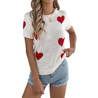 Women's Heart Short Sleeve Sweater Summer Lightweight Casual Knit Tops