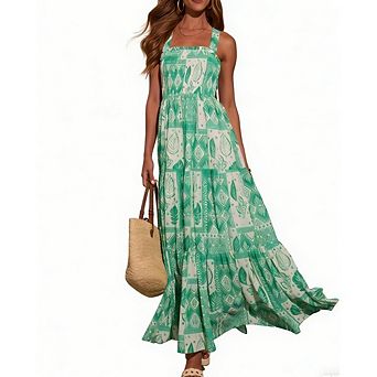 Women Floral Sleeveless Dresses Casual Spaghetti Strap Tiered Flowy Beach Long Dress