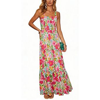 Women Floral Sleeveless Dresses Casual Spaghetti Strap Tiered Flowy Beach Long Dress
