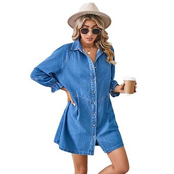 Women's Casual Dressy Denim Shirt Dress V Neck Button Front Long Sleeves Ruffled Dresses