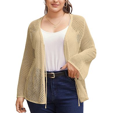 Plus Size Women Tie Front Hollow Out Knit Cardigan