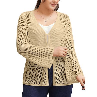 Plus Size Women Tie Front Hollow Out Knit Cardigan