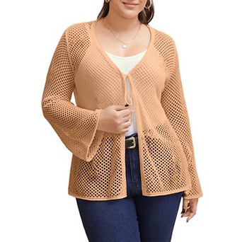 Plus Size Women Tie Front Hollow Out Knit Cardigan