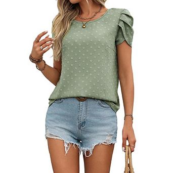 Women's Causal Dressy Swiss Dot Blouse Crew Neck Puffed Short Sleeves T-shirt