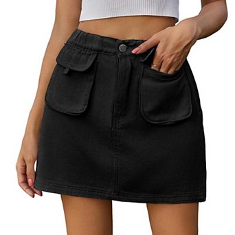 Women Summer Washed Elastic Waist Denim Skirt Casual Cargo Pocket Denim Skirt Daily Versatile Skirt