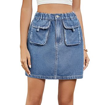 Women Summer Washed Elastic Waist Denim Skirt Casual Cargo Pocket Denim Skirt Daily Versatile Skirt