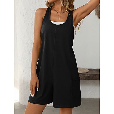 Women Solid Color Casual Sleeveless Romper with Pockets
