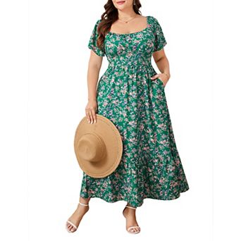 Women's Plus Size Summer Dress Casual Short Sleeve Maxi Dress Smocked Ruffle Boho Flowy Long Dress