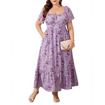 Women's Plus Size Summer Dress Casual Short Sleeve Maxi Dress Smocked Ruffle Boho Flowy Long Dress