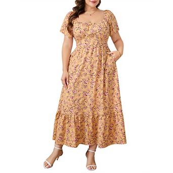 Women's Plus Size Summer Dress Casual Short Sleeve Maxi Dress Smocked Ruffle Boho Flowy Long Dress