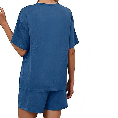 Women Lounge Sets Summer Outfits Button Down Short Sleeve Top and Short Set with Pockets