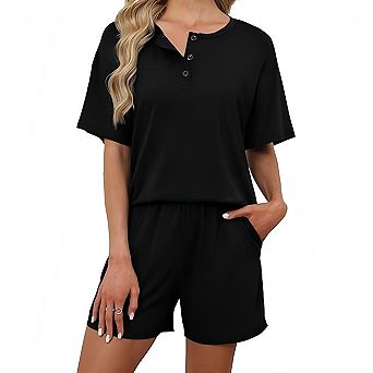 Women Lounge Sets Summer Outfits Button Down Short Sleeve Top and Short Set with Pockets