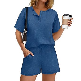 Women Lounge Sets Summer Outfits Button Down Short Sleeve Top and Short Set with Pockets