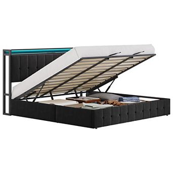 Lift Up Bed Frame with Charging Station & LED Lights,Upholstered Bed with Storage Headboard