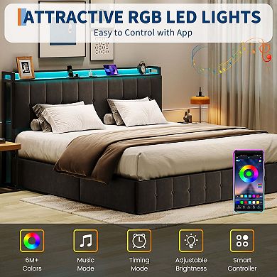 Lift Up Bed Frame with Charging Station & LED Lights,Upholstered Bed with Storage Headboard