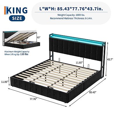 Lift Up Bed Frame with Charging Station & LED Lights,Upholstered Bed with Storage Headboard