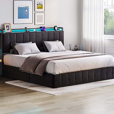Lift Up Bed Frame with Charging Station & LED Lights,Upholstered Bed with Storage Headboard