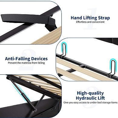 Lift Up Bed Frame with Charging Station & LED Lights,Upholstered Bed with Storage Headboard