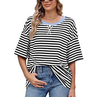 Womens Oversized Shirt Loose Fit Crewneck Short Sleeve Tops Summer Casual Blouse Y2K Basic Tee Beach