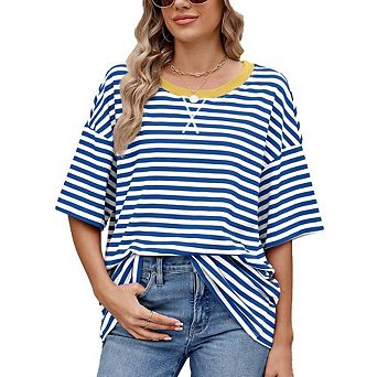 Womens Oversized Shirt Loose Fit Crewneck Short Sleeve Tops Summer Casual Blouse Y2K Basic Tee Beach