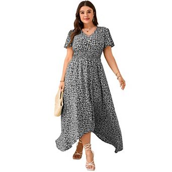 Plus Size Women Floral Asymmetrical Hem Casual Dress