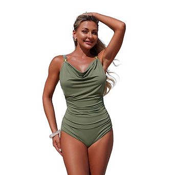 Women One PIece Swimsuits Crew Neck High Waist Bathing Suits Tummy Control Beach Swimsuit