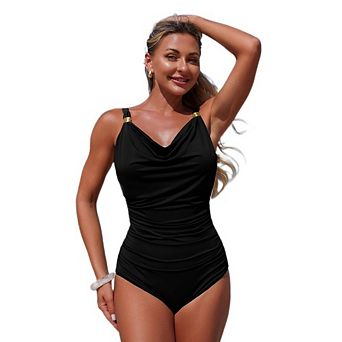Women One PIece Swimsuits Crew Neck High Waist Bathing Suits Tummy Control Beach Swimsuit