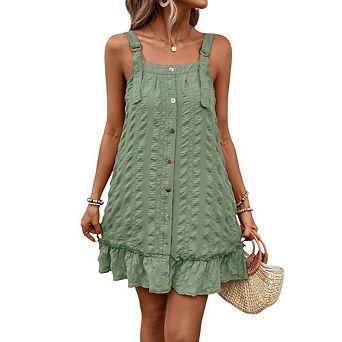 Women's Ruffled Hem Square Neck Dresses Solid Color Pocketed Button Front Casual Dress