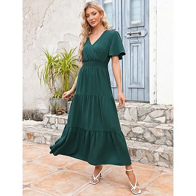 Women Casual V Neck Short Sleeve Flowy Dress