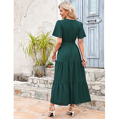 Women Casual V Neck Short Sleeve Flowy Dress