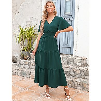 Women Casual V Neck Short Sleeve Flowy Dress