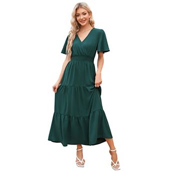 Women Casual V Neck Short Sleeve Flowy Dress
