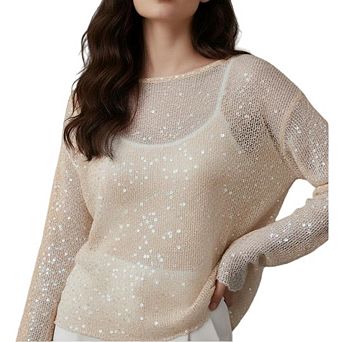 Women's Sequin Sheer Knit Long Sleeve Crochet Hollow Out Cover Ups