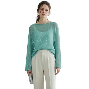 Women's Sequin Sheer Knit Long Sleeve Crochet Hollow Out Cover Ups