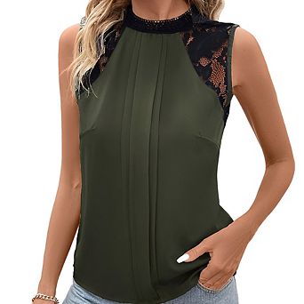 Women Commute Lace Patchwork Sleeveless Mock Neck Top Ruched Design T-Shirt Daily Casual Top