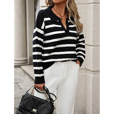 Women Striped Sweater Collared Long Sleeve V Neck Pullover Knit Top