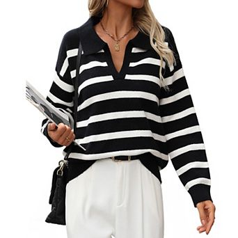 Women Striped Sweater Collared Long Sleeve V Neck Pullover Knit Top