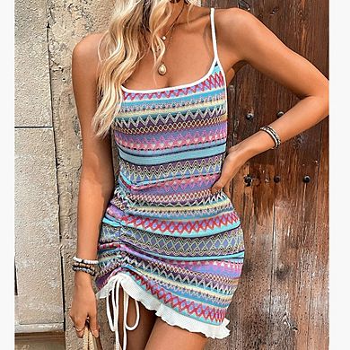 Boho Crochet Striped Dress Square Neck Low-Back Bodycon Drawstring Ruffle Mini Dresses for Women